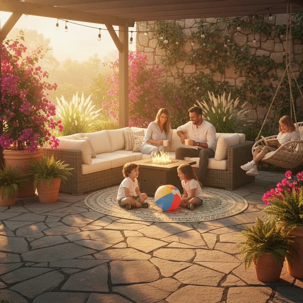Family relaxing on a finished stone patio, golden hour