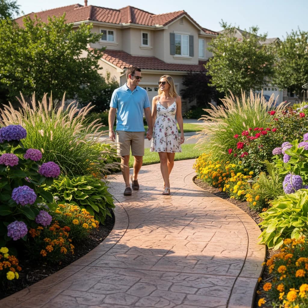 Homeowners walking a new stamped-concrete path