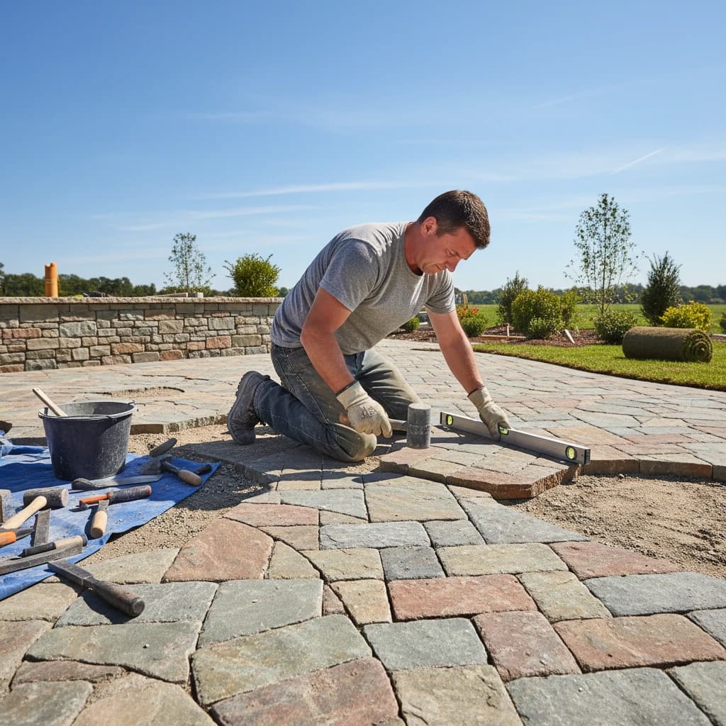 Mason hand-setting natural stone pavers